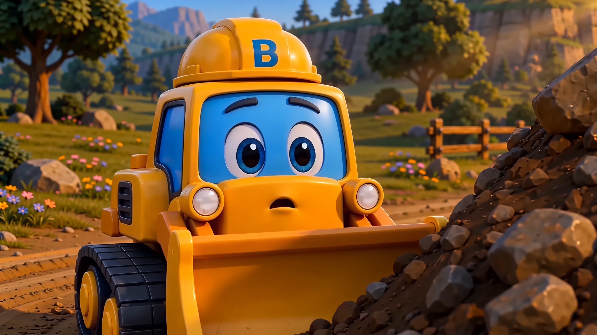 Benny the yellow bulldozer pauses in front of a large pile of rocks in Titan Valley