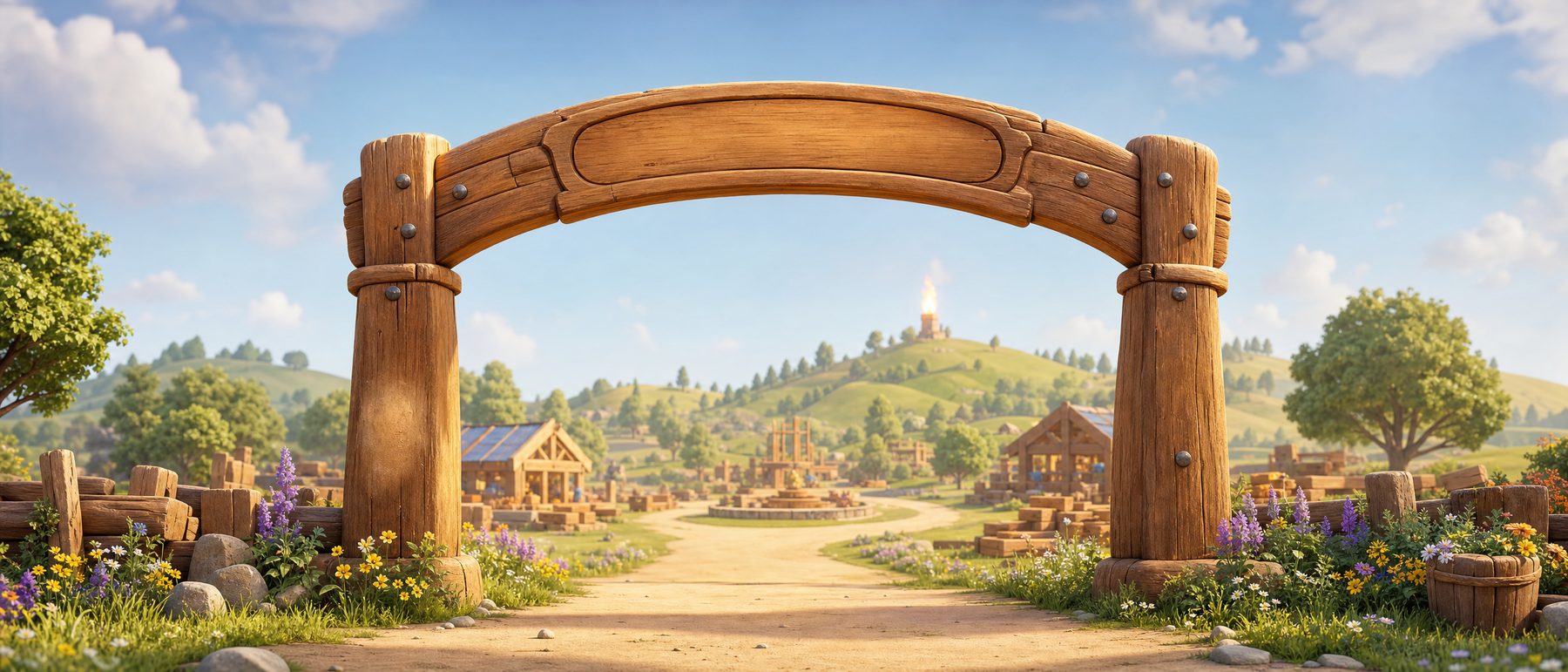 The welcome gate to Titan Valley, with the town and the Eternal Flame beyond