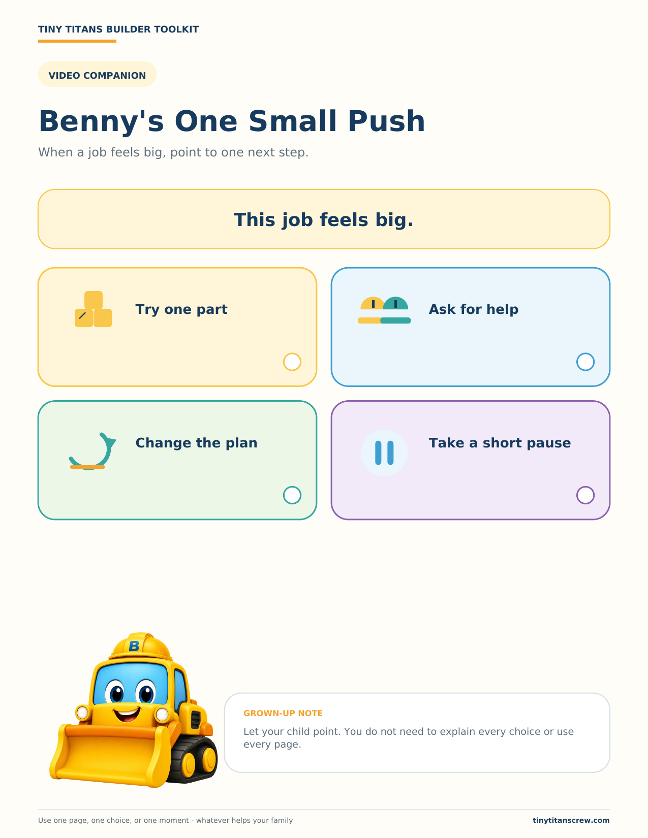 Preview of Benny's One Small Push with four choices for a job that feels big