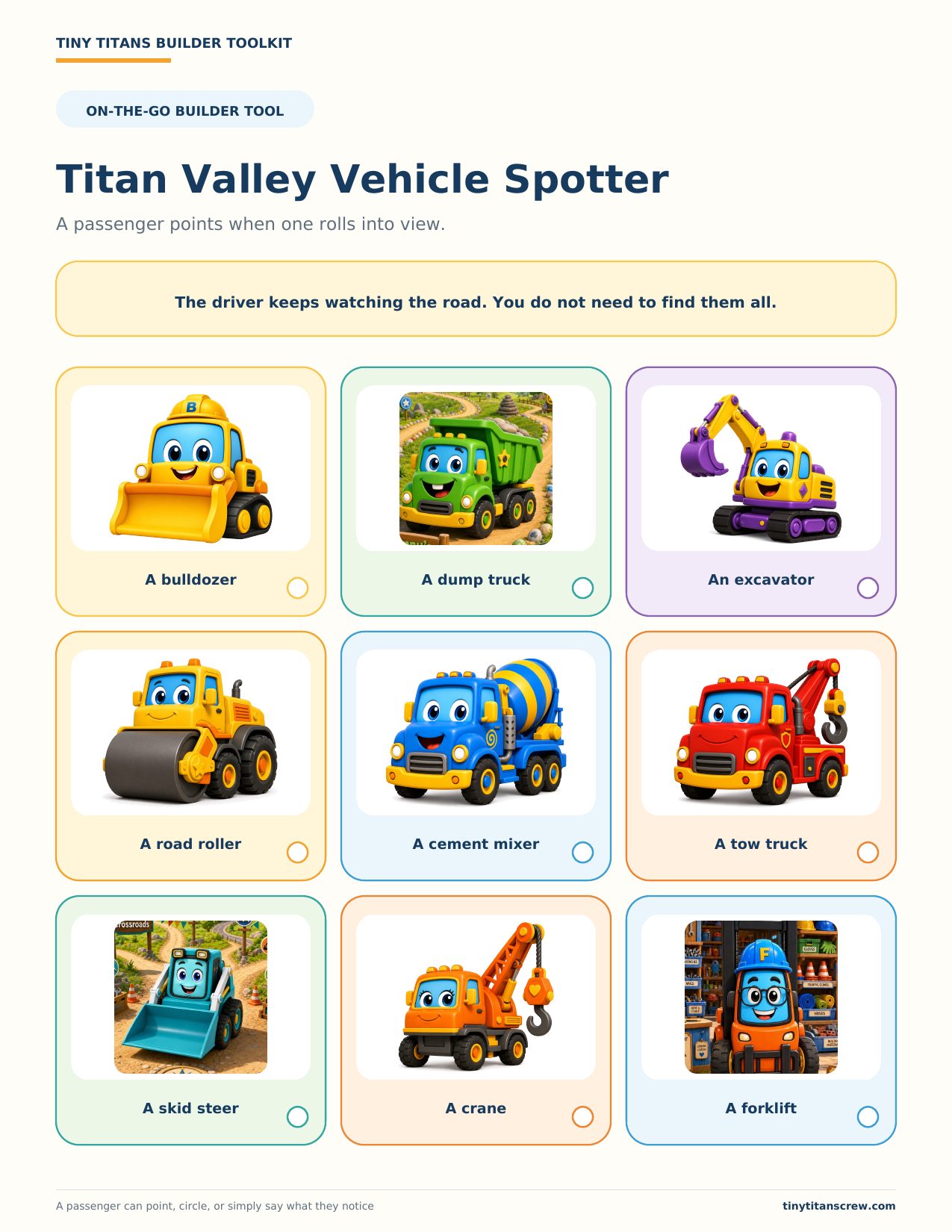 Preview of the Titan Valley Vehicle Spotter with construction vehicles to find