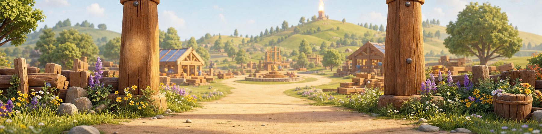 A view into Titan Valley — the town, the workshops, and the Eternal Flame on the hill