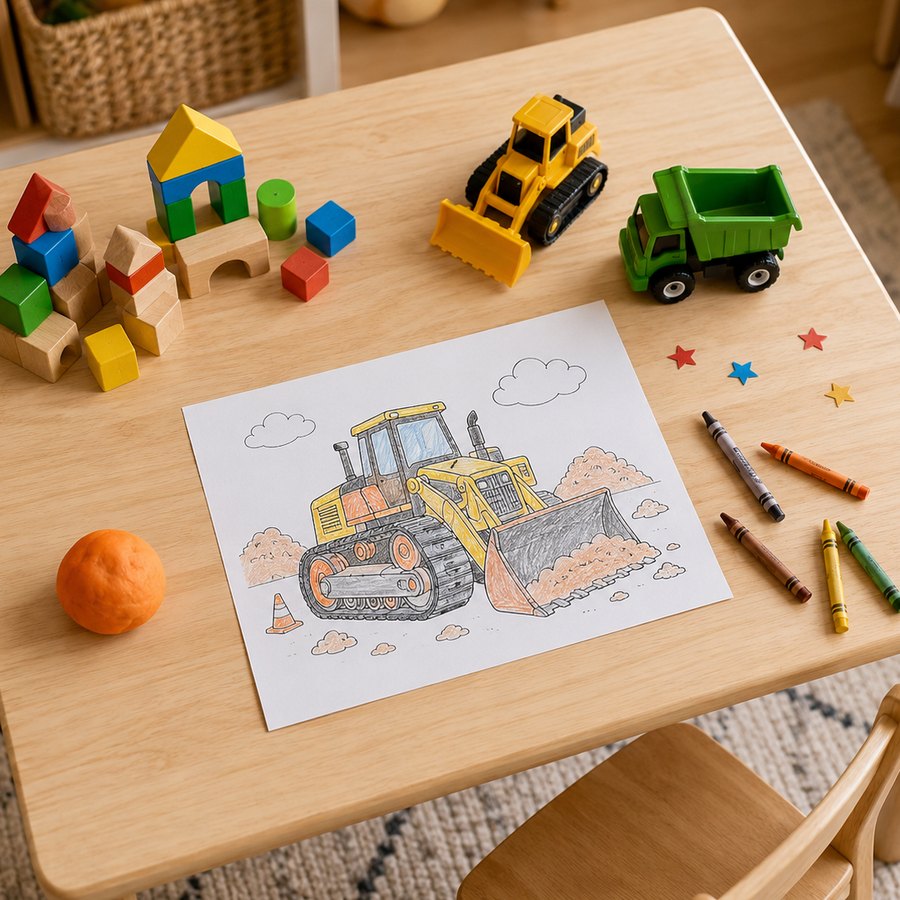 A preschool activity table with a construction coloring page, crayons, blocks, and toy trucks