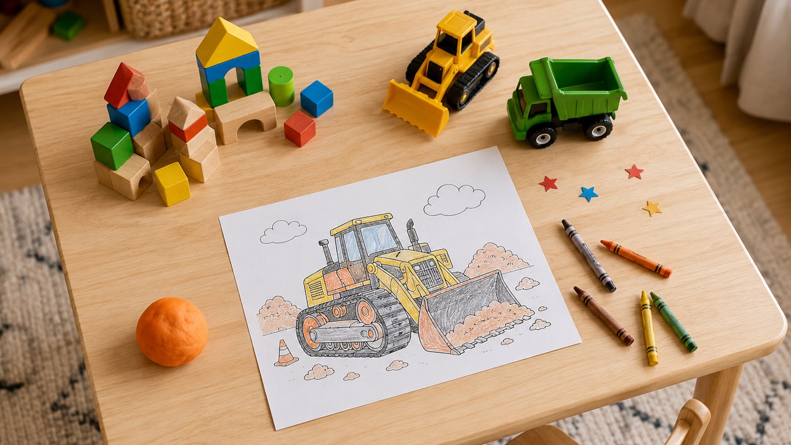 A preschool activity table with a construction coloring page, crayons, wooden blocks, toy bulldozer and dump truck, play dough, and star stickers