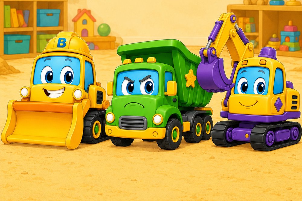 Benny, Danny, and Ellie from Tiny Titans showing different feelings on a construction site