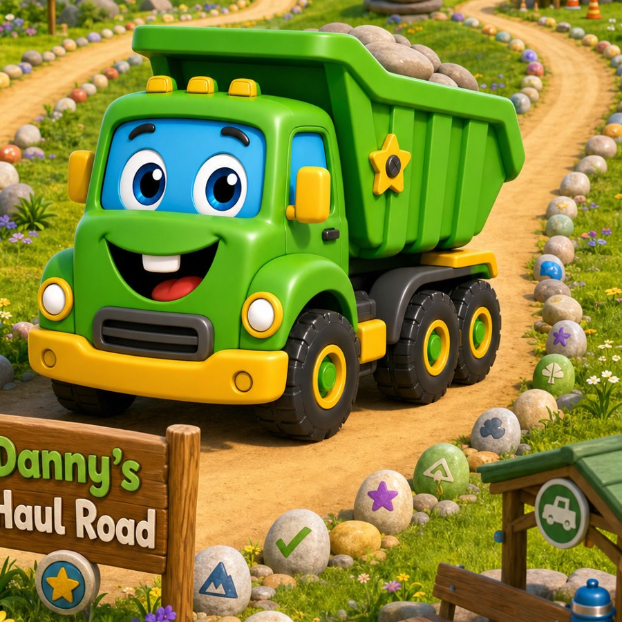 Danny the green dump truck hauling rocks along a winding road in Titan Valley