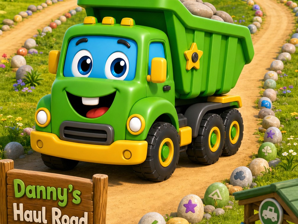 Danny the green dump truck hauling rocks along Danny's Haul Road in Titan Valley