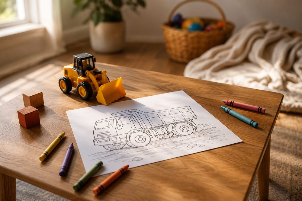 A toddler activity table with a truck coloring page, crayons, a toy bulldozer, and wooden blocks in warm afternoon light