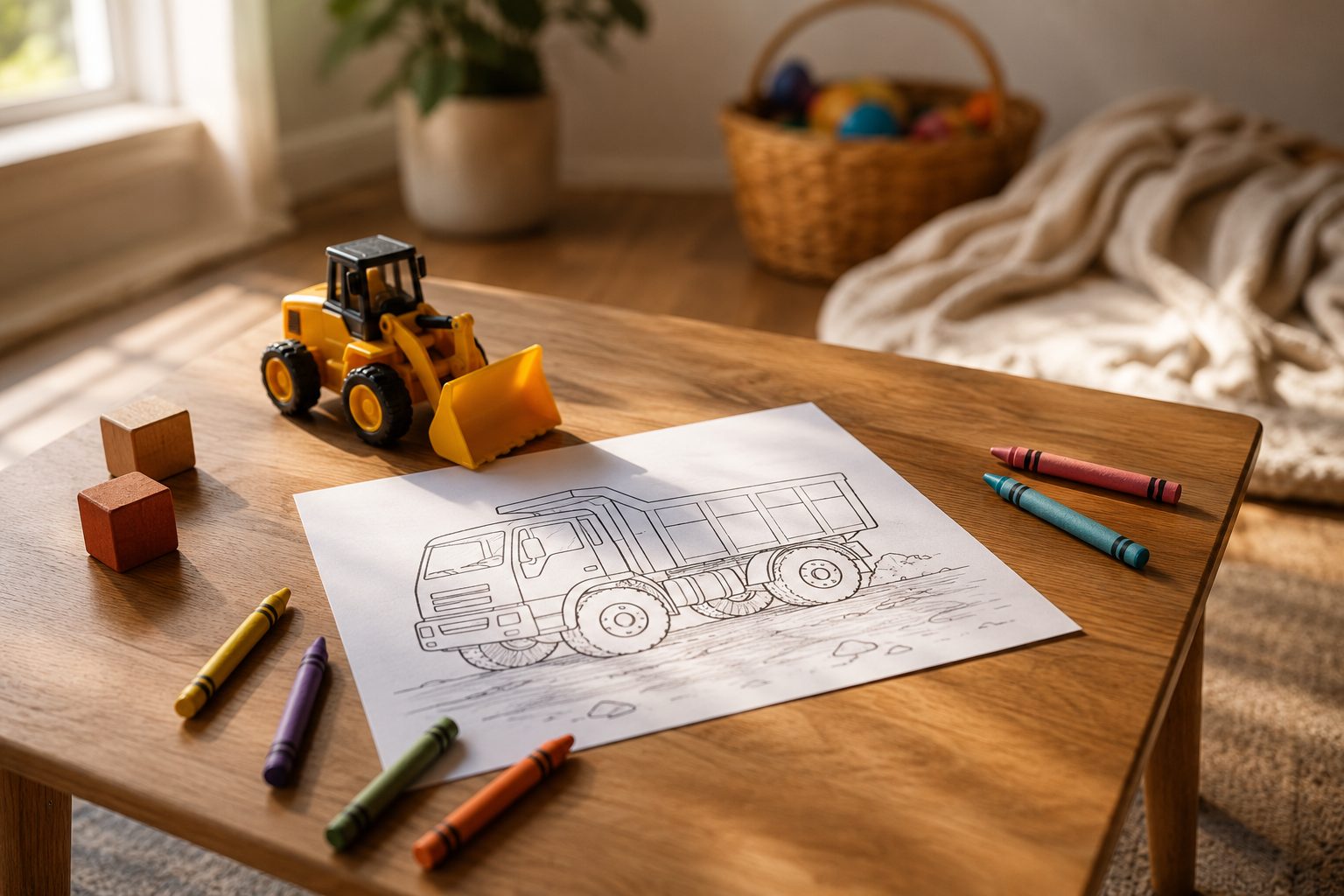 A toddler activity table in warm afternoon light with a truck coloring page, crayons, a toy bulldozer, and wooden blocks