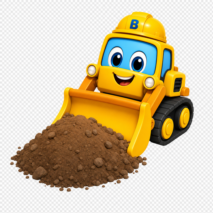 Benny the yellow bulldozer pushing a pile of dirt
