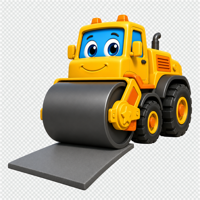 Rocky the yellow road roller smoothing fresh pavement