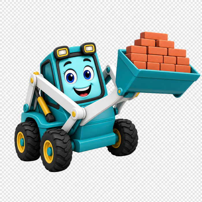 Skyler the teal skid steer carrying a load of bricks