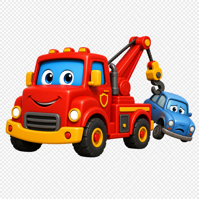 Tank the red tow truck gently towing a little blue car